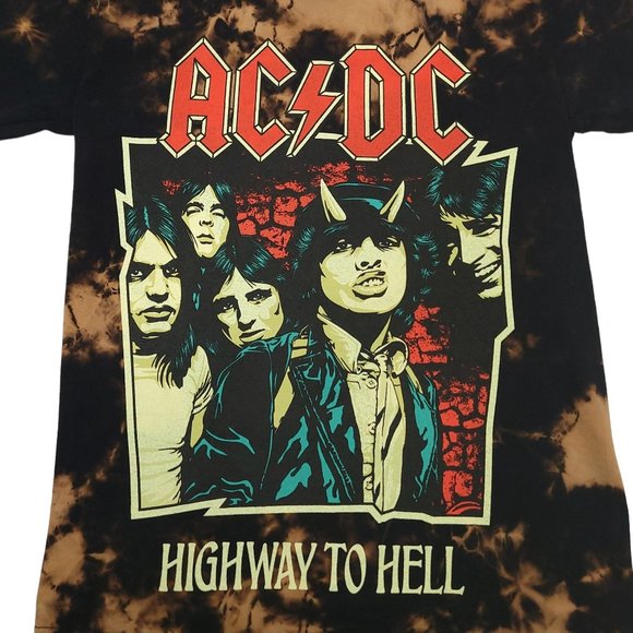 ACDC AC/DC Highway To Hell T Shirt Adult S Tie Dye Metal Rock Black Bleach Wash - Picture 3 of 8